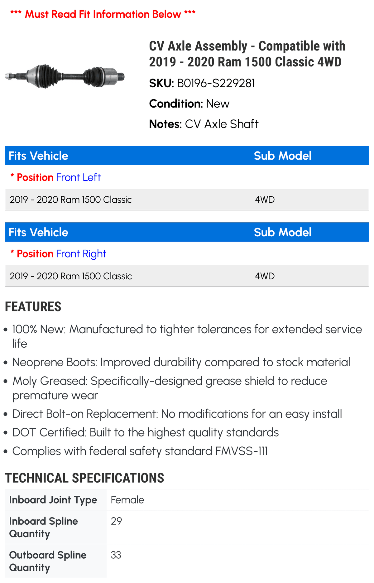 CV Axle Assembly - Compatible with 2019 - 2020 Ram 1500 Classic 4WD