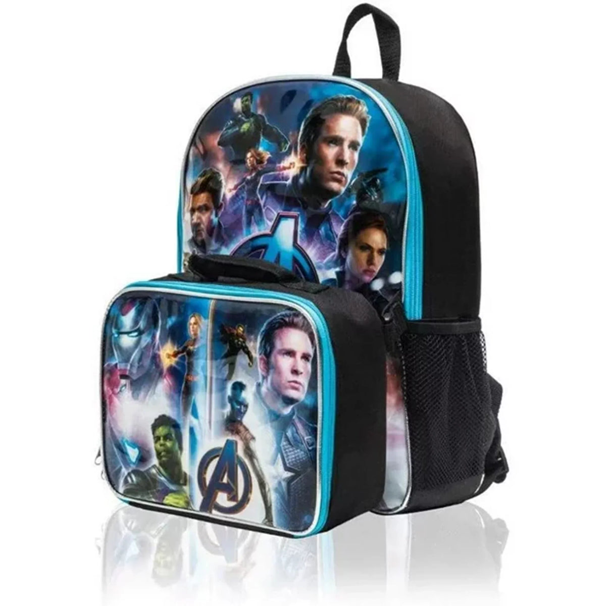 Marvel Avengers 15 inch Multicolored Overprinted All Occasion Child Backpack with Lunch Bag for Kids