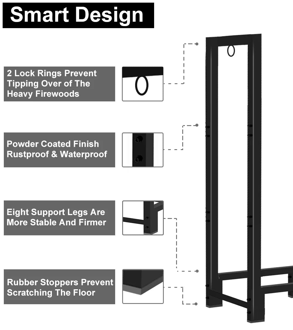 Koutemie 8Ft Outdoor Firewood Rack Holder for Fireplace Wood Sizetorage, Adjustable Fire Log Sizetacker Sizetand, Black