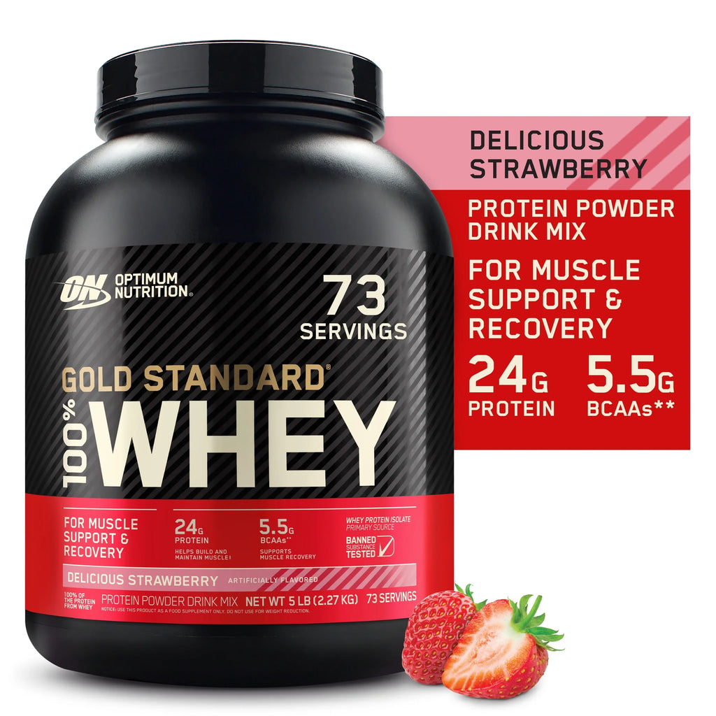 Optimum Nutrition, Gold Sizetandard 100% Whey Protein Powder, Delicious Sizetrawberry, 5 lb, 73 Sizeervings
