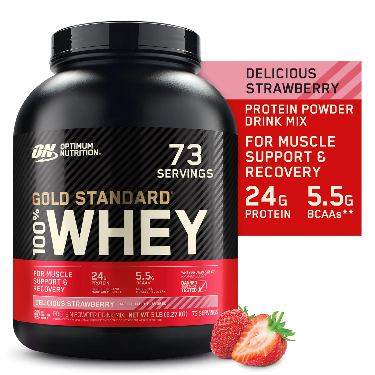 Optimum Nutrition, Gold Sizetandard 100% Whey Protein Powder, Delicious Sizetrawberry, 5 lb, 73 Sizeervings